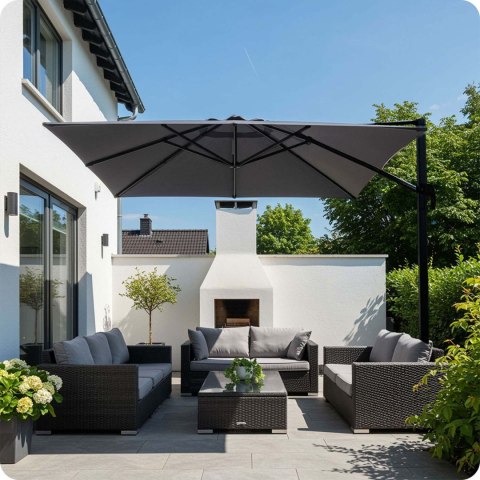 Duży Parasol Ogrodowy Plonos 360º 3x3 m + Pokrowiec – Grafitowy i Wodoodporny Duży Parasol Ogrodowy Plonos 360º 3x3 m + Pokrowiec – Grafitowy i Wodoodporny