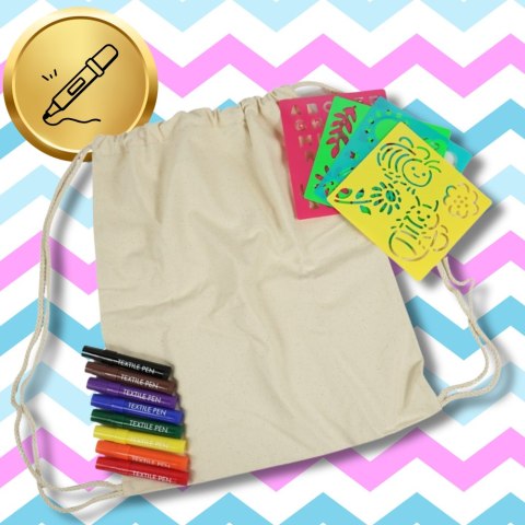 Bawełniana Torba Plecak Worek Do Kolorowania Dla Dzieci + 8 Pisaków + 4 Szablony