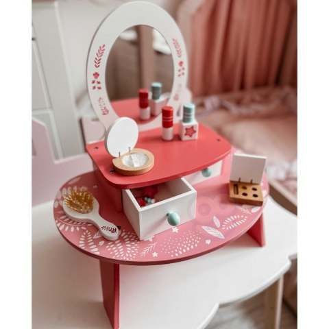 Toaletka drewniana dla dzieci Tooky Toy lustro szuflady akcesoria róż