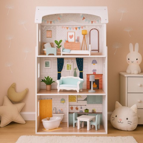 Domek Dla Lalek 96cm ECOTOYS 3 Piętra 9 Mebli MDF