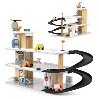 Drewniany Garaż Z Windą ECOTOYS – 3 Poziomy, Samochodziki, Helikopter, Myjnia
