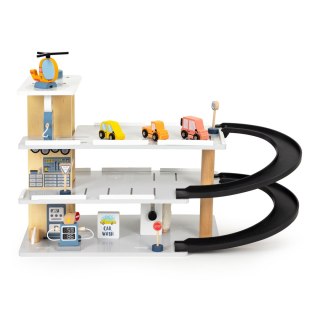 Drewniany Garaż Z Windą ECOTOYS – 3 Poziomy, Samochodziki, Helikopter, Myjnia
