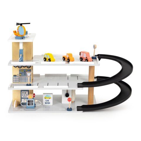Drewniany Garaż Z Windą ECOTOYS – 3 Poziomy, Samochodziki, Helikopter, Myjnia
