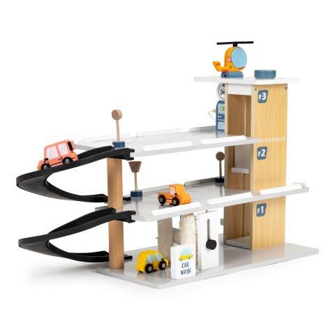 Drewniany Garaż Z Windą ECOTOYS – 3 Poziomy, Samochodziki, Helikopter, Myjnia