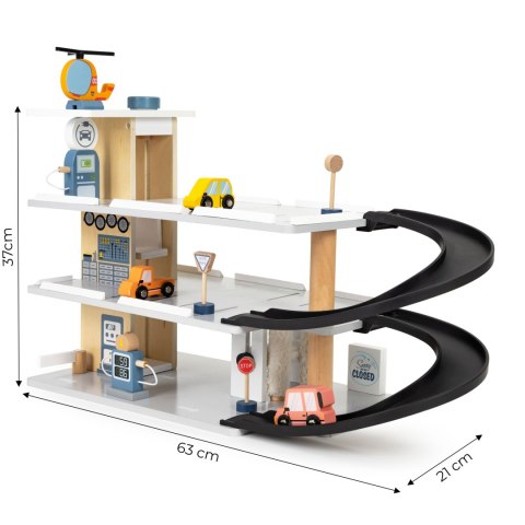 Drewniany Garaż Z Windą ECOTOYS – 3 Poziomy, Samochodziki, Helikopter, Myjnia