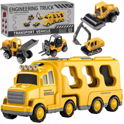 Zestaw Budowlany Laweta + 4 Pojazdy – Efekty Świetlne, Dźwiękowe, Napęd Pull-Back