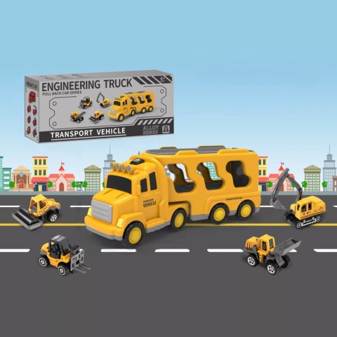 Zestaw Budowlany Laweta + 4 Pojazdy – Efekty Świetlne, Dźwiękowe, Napęd Pull-Back