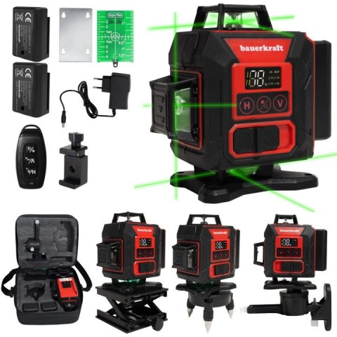 Poziomica Laserowa 4D 360° Bauerkraft – Zielony Laser, Pilot, IP54, 16 Linii Poziomica Laserowa 4D 360° Bauerkraft – Zielony Laser, Pilot, IP54, 16 Linii