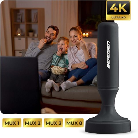 Antena Aktywna DVB-T2 Berdsen – Ultra HD 4K, Wewnętrzna, Filtr LTE, 80 km