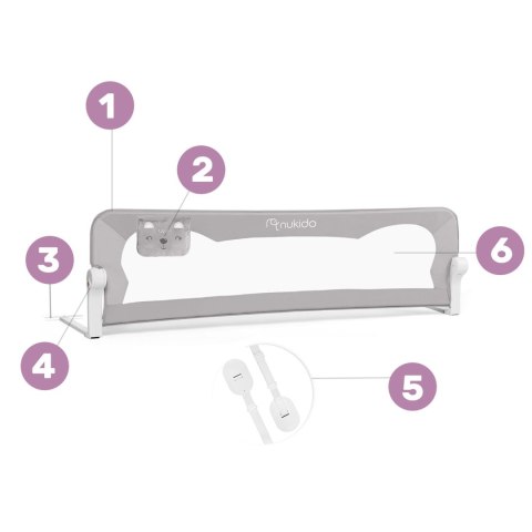 Barierka ochronna do łóżka 180 x 42 x 35 cm Nukido szara