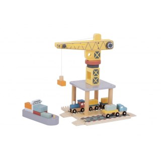 Drewniany port Tooky Toy dźwig pociąg statek kontenery zestaw