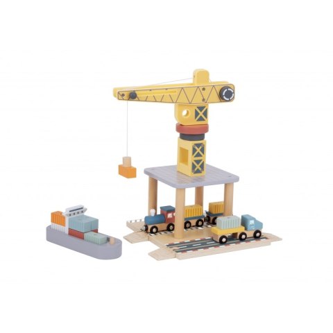 Drewniany port Tooky Toy dźwig pociąg statek kontenery zestaw