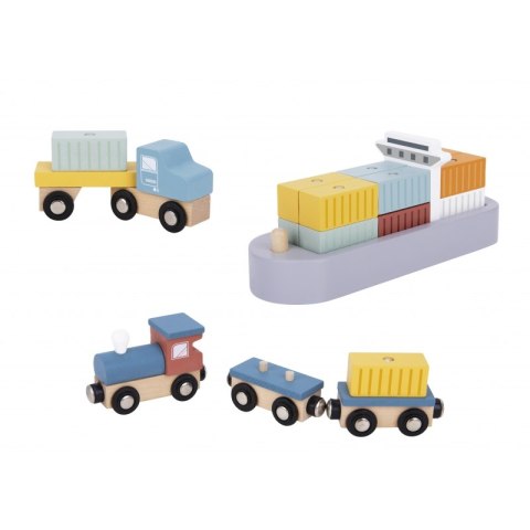 Drewniany port Tooky Toy dźwig pociąg statek kontenery zestaw