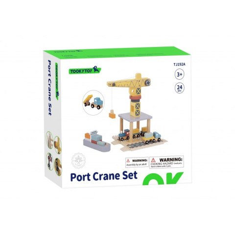 Drewniany port Tooky Toy dźwig pociąg statek kontenery zestaw