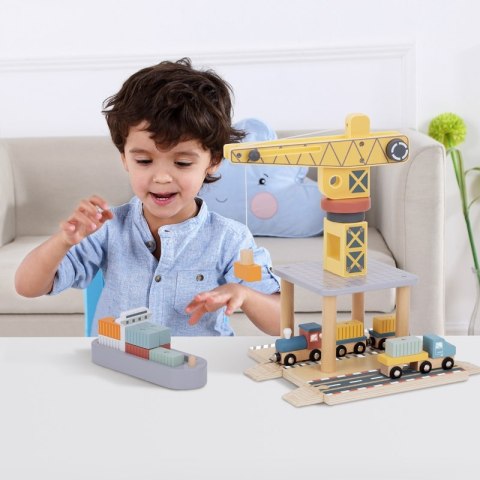 Drewniany port Tooky Toy dźwig pociąg statek kontenery zestaw