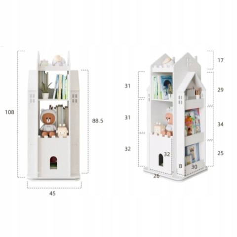 Regał Dziecięcy Na Książki I Zabawki 360° Zamek Biały Obrotowy 108x45 Cm