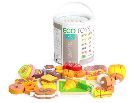 Drewniane Jedzenie ECOTOYS – Zestaw Do Krojenia Dla Dzieci 23 Elementy Z Wiaderkiem