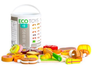 Drewniane Jedzenie ECOTOYS – Zestaw Do Krojenia Dla Dzieci 23 Elementy Z Wiaderkiem