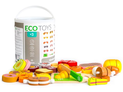 Drewniane Jedzenie ECOTOYS – Zestaw Do Krojenia Dla Dzieci 23 Elementy Z Wiaderkiem