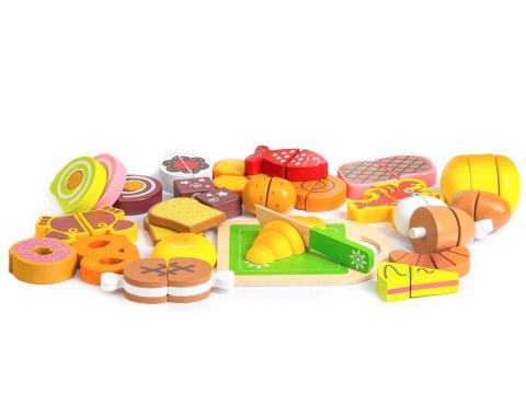 Drewniane Jedzenie ECOTOYS – Zestaw Do Krojenia Dla Dzieci 23 Elementy Z Wiaderkiem