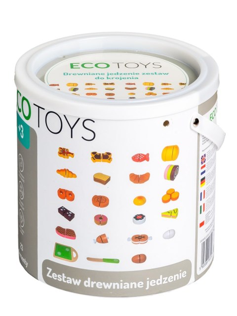 Drewniane Jedzenie ECOTOYS – Zestaw Do Krojenia Dla Dzieci 23 Elementy Z Wiaderkiem