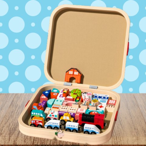 Drewniane Klocki Miasto Lokomotywa Zestaw Skrzynka Edukacyjne