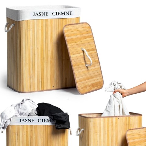 Kosz Na Pranie Bambusowy 100L – Brudownik Dwukomorowy, Wkład, 52x33x60 Cm