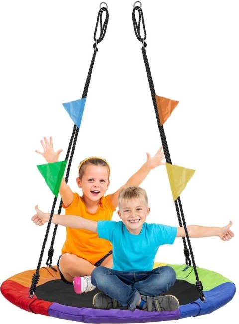 Huśtawka bocianie gniazdo 100 cm 150 kg kolorowe chorągiewki ogród