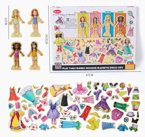 Magnetyczna Gra Ubieranka Puzzle Montessori - 4 Lalki Modelki, 65 Ubrań