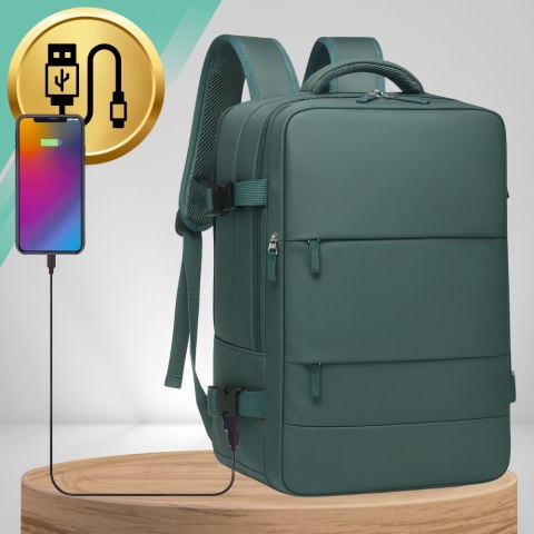 Plecak do Samolotu 40x30x20 Kabinowy USB Na Laptop 14" Zielony