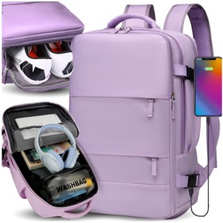 Plecak do Samolotu 40x30x20 Kabinowy USB Na Laptop 14" Fioletowy