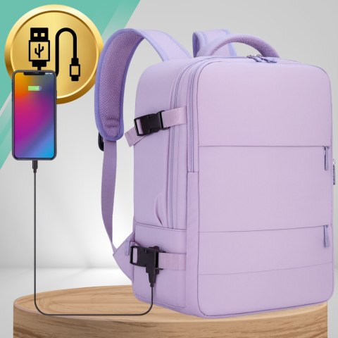 Plecak do Samolotu 40x30x20 Kabinowy USB Na Laptop 14" Fioletowy