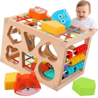 Drewniany Sorter Montessori – 12 Klocków i Elastyczna Kostka dla Dzieci