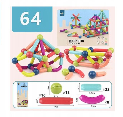 Zestaw Klocków Magnetycznych MAGNETIC STICKS – 64 Elementy Zestaw Klocków Magnetycznych MAGNETIC STICKS – 64 Elementy