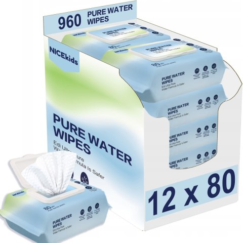 Chusteczki Nawilżane NICEKIDS Pure Water – 99,9% Wody, 960 Sztuk Chusteczki Nawilżane NICEKIDS Pure Water – 99,9% Wody, 960 Sztuk