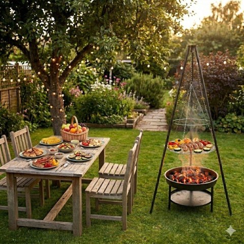 Grill Ogniskowy Trójnóg 50 cm Ruszt Wiszący Regulacja 2w1