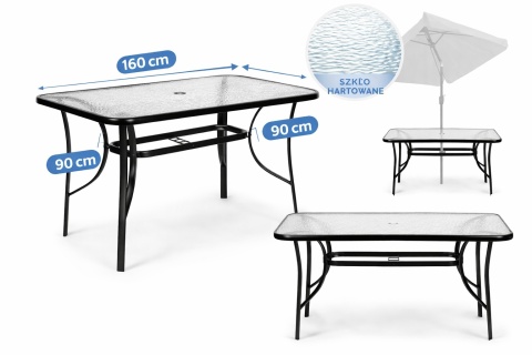 Duży Stół Ogrodowy 6-8 Osób 160x90 MultiGarden Szklany Hartowany Parasol