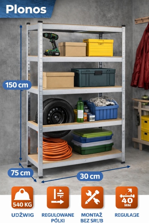 Regał Metalowy Magazynowy Plonos 150 x 75 x 30 Cm – Stabilny, Regulowany
