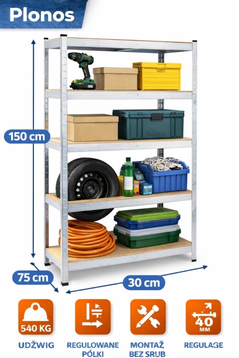 Regał Metalowy Magazynowy Plonos 150 x 75 x 30 Cm – Stabilny, Regulowany