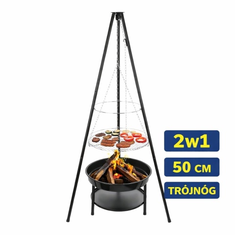 Grill Ogniskowy Trójnóg 50 cm Ruszt Wiszący Regulacja 2w1