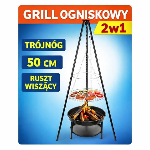 Grill Ogniskowy Trójnóg 50 cm Ruszt Wiszący Regulacja 2w1