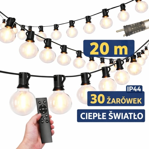 Girlanda Ogrodowa LED 20m 30 Żarówek IP44 Ciepłe Światło