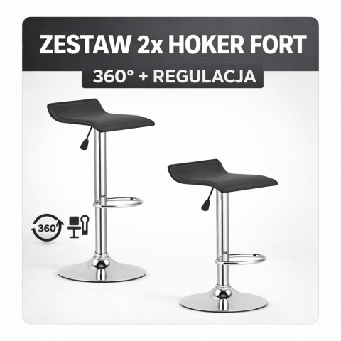 2x Hoker Obrotowy 63-84 cm OSKAR FORT Ekoskóra Czarny Chrom