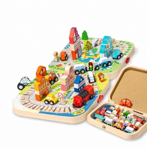 Drewniane Klocki Miasto Lokomotywa Zestaw Skrzynka Edukacyjne