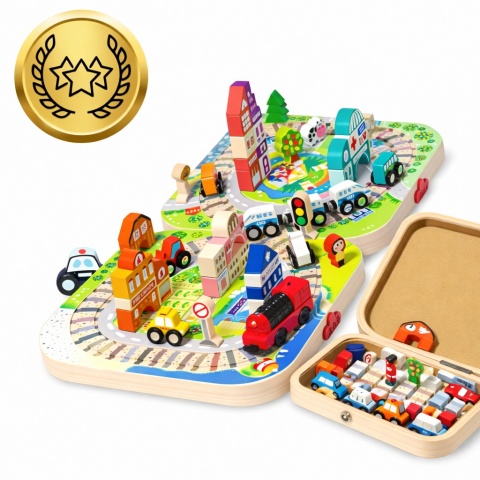 Drewniane Klocki Miasto Lokomotywa Zestaw Skrzynka Edukacyjne