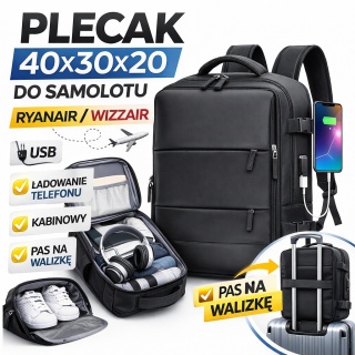 Plecak do Samolotu 40x30x20 Kabinowy USB Na Laptop 14"
