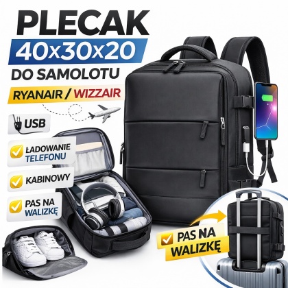Plecak do Samolotu 40x30x20 Kabinowy USB Na Laptop 14"
