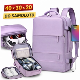 Plecak do Samolotu 40x30x20 Kabinowy USB Na Laptop 14" Fioletowy