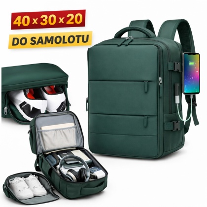 Plecak do Samolotu 40x30x20 Kabinowy USB Na Laptop 14" Zielony