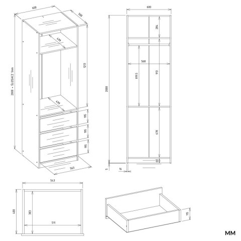 Garderoba modułowa OPENO biała 60x50x200 cm 3 szuflady drążek półka